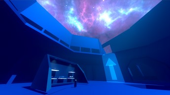 Screenshot from a 3d video game showing a colorful outer-space arena